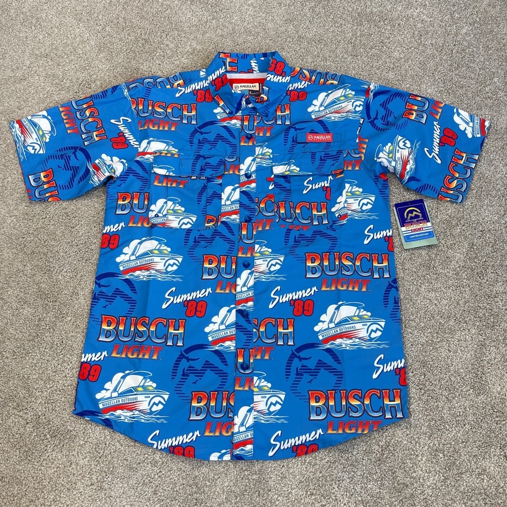 Busch Beer Shirt Mens Small Vented Fishing Relaxed Fit Short Sleeve Outdoor Blue